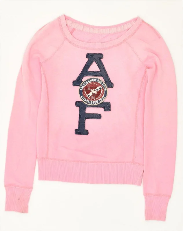 ABERCROMBIE & FITCH Womens Graphic Sweatshirt Jumper UK 10 Small Pink Hoodie with V-Neck Classic Versatile