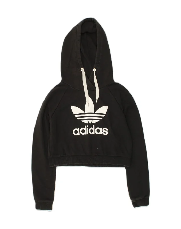 ADIDAS Womens Crop Graphic Hoodie Jumper UK 12 Medium Black Cotton Hoodie with Drawcord Adjustable Secure