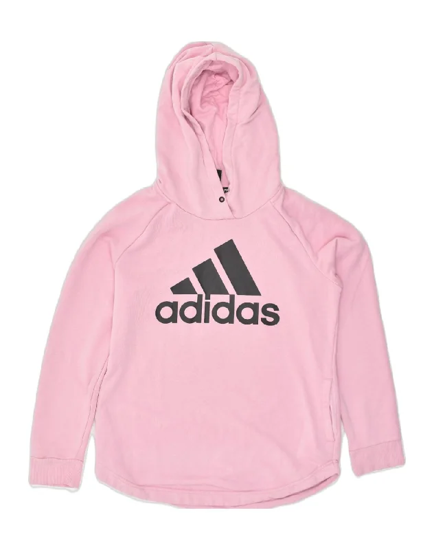 ADIDAS Womens Graphic Hoodie Jumper UK 14 Medium Pink Cotton Hoodie with Patch Decorative Personalized