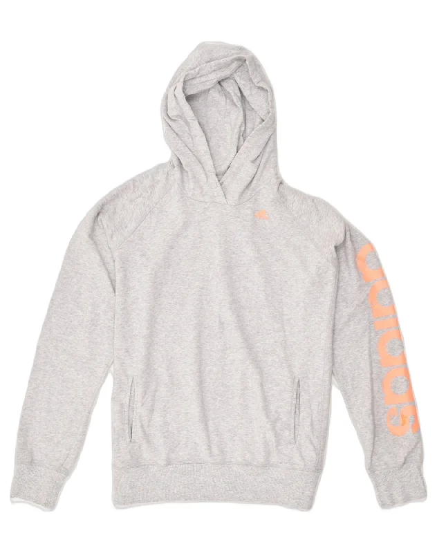 ADIDAS Womens Graphic Hoodie Jumper UK 16-18 Large Grey Cotton Hoodie with Thumb Holes Functional Cozy