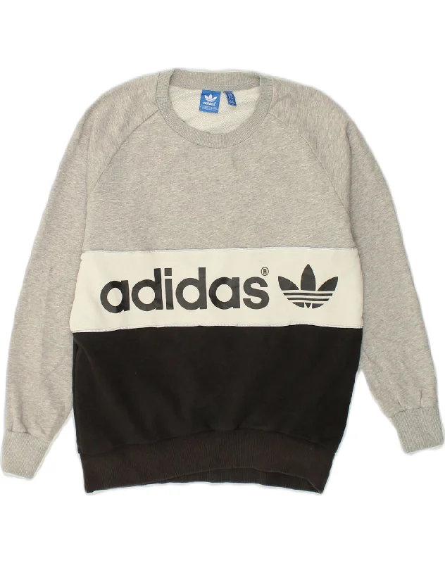 ADIDAS Womens Graphic Sweatshirt Jumper UK 10 Small Grey Colourblock Hoodie with Frayed Bohemian Relaxed