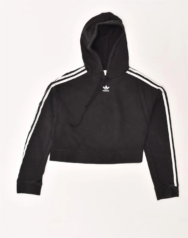 ADIDAS Womens Oversized Crop Hoodie Jumper UK 6 XS Black Cotton Hoodie with Lining Warm Insulated
