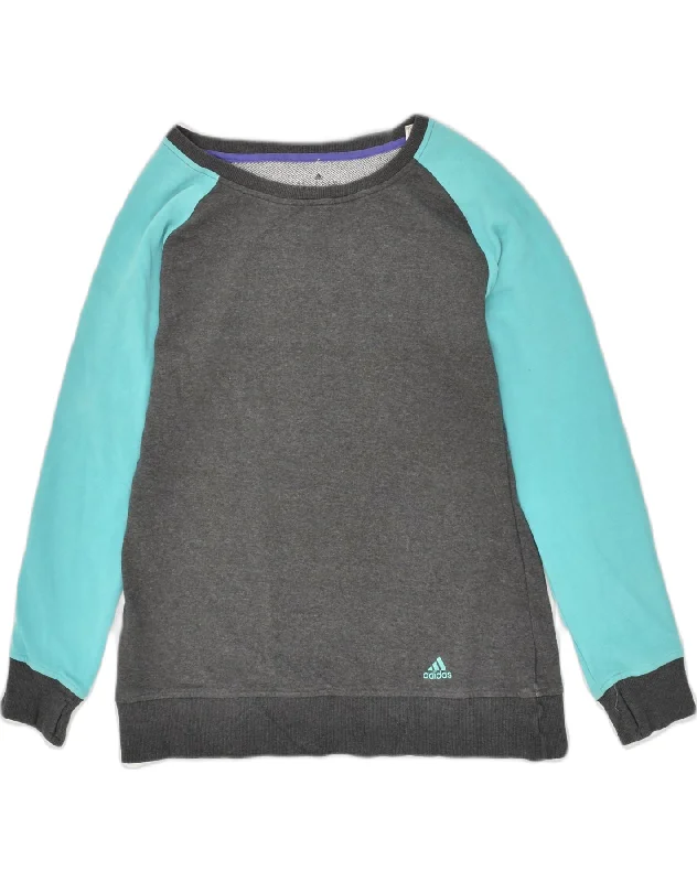 ADIDAS Womens Sweatshirt Jumper UK 14 Medium Grey Colourblock Cotton Hoodie with Hem Patch Decorative Personalized