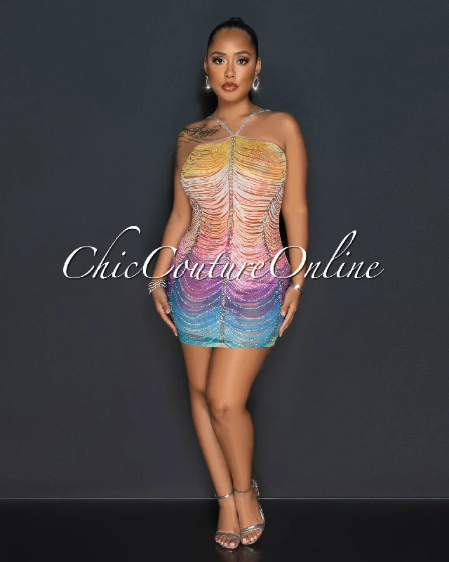 Barin Multi-Color Mesh Sheer Rhinestones Mini Dress Fashionable Mini Dress with Pockets
