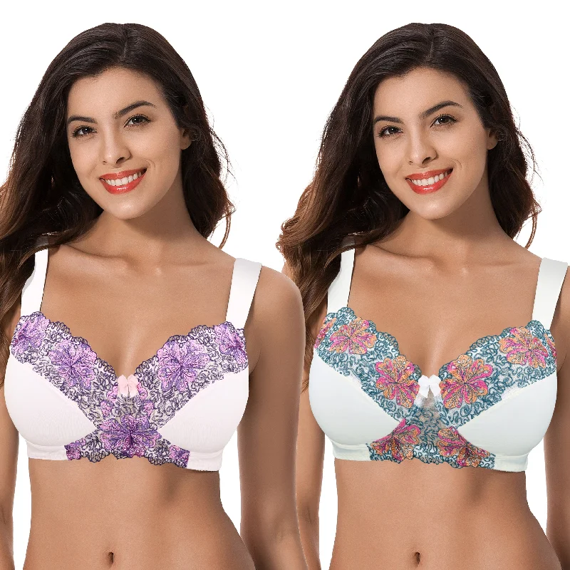 Women's Plus Size Minimizer Wirefree Unlined Bra with Embroidery Lace Cotton Comfort Bra