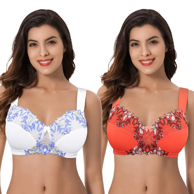 Women's Plus Size Minimizer Wireless Unlined Bra with Embroidery Lace Comfort Fit Bralette