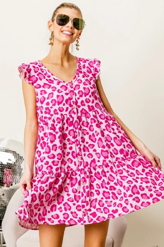 BiBi Leopard Cap Sleeve Tiered Mini Dress Classic Floral Print Mini Dress