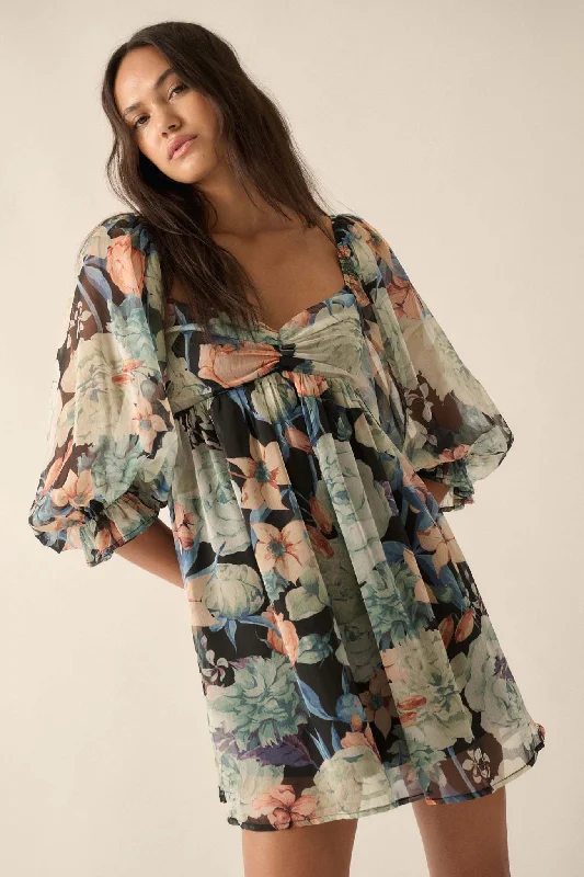 Blooming Belle Floral Chiffon Babydoll Mini Dress Classic White Mini Dress