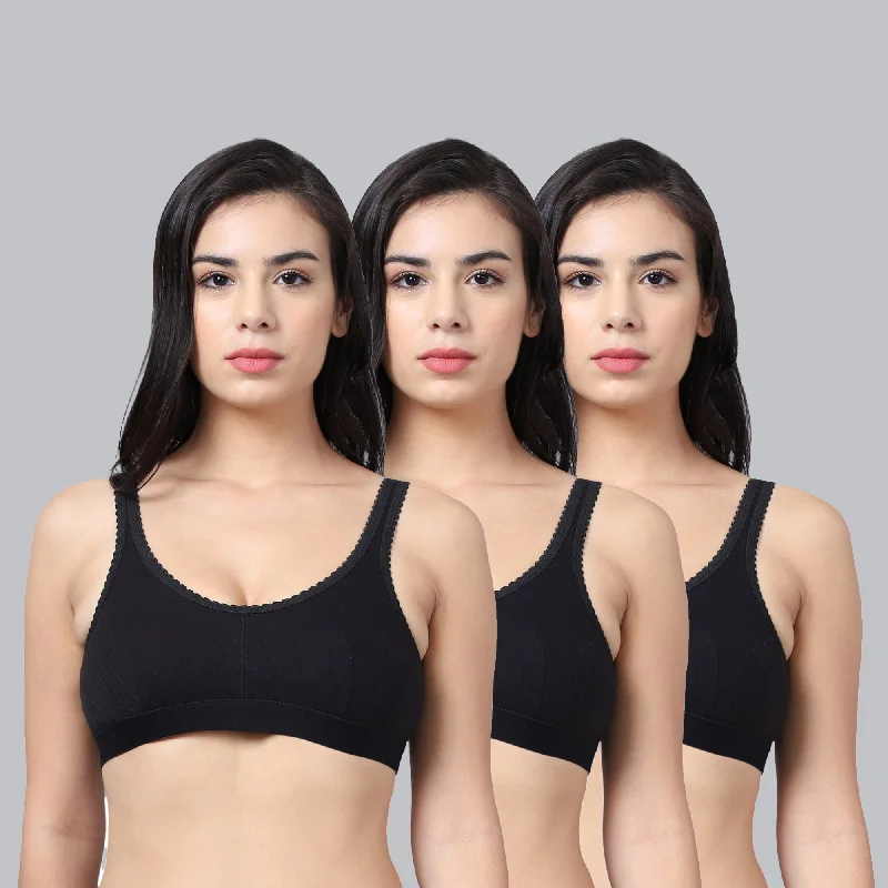 Vimal Jonney Cotton Black Non-Padded Non-Wired Sports Bra for Women (Pack of 3) Trendy Lace Bra