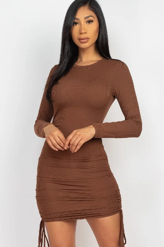 Brown Ruched Drawstring Rib Knit Long Sleeve Mini Dress Stylish Floral Print Mini Dress