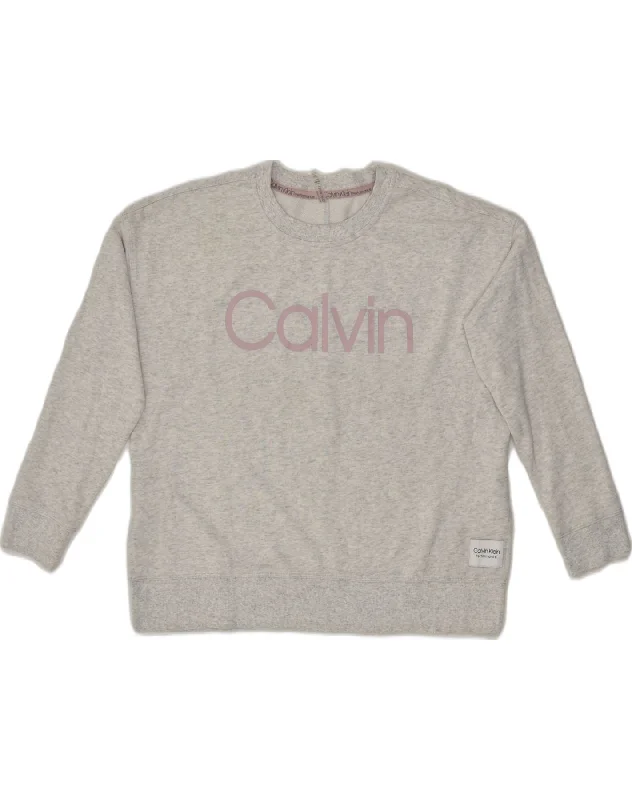 CALVIN KLEIN Womens Graphic Sweatshirt Jumper UK 14 Medium Grey Cotton Hoodie with Rhinestones Sparkly Elegant