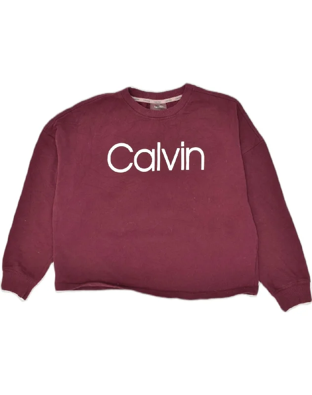 CALVIN KLEIN Womens Oversized Sweatshirt Jumper UK 14 Medium Maroon Cotton Hoodie Sweatshirt Pullover