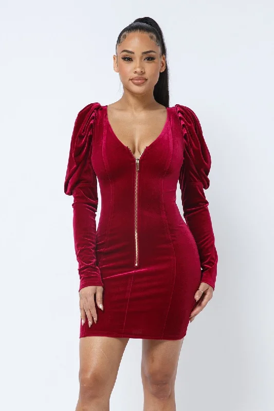 Wine Velvet Draped Puff Sleeve Mini Dress Elegant Satin Mini Dress
