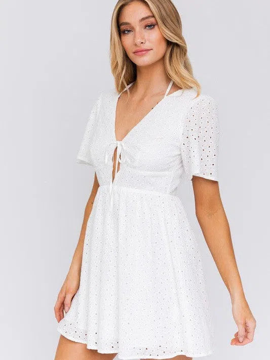 Catch Me Seaside Babydoll Eyelet Mini Dress Elegant Silk Mini Dress