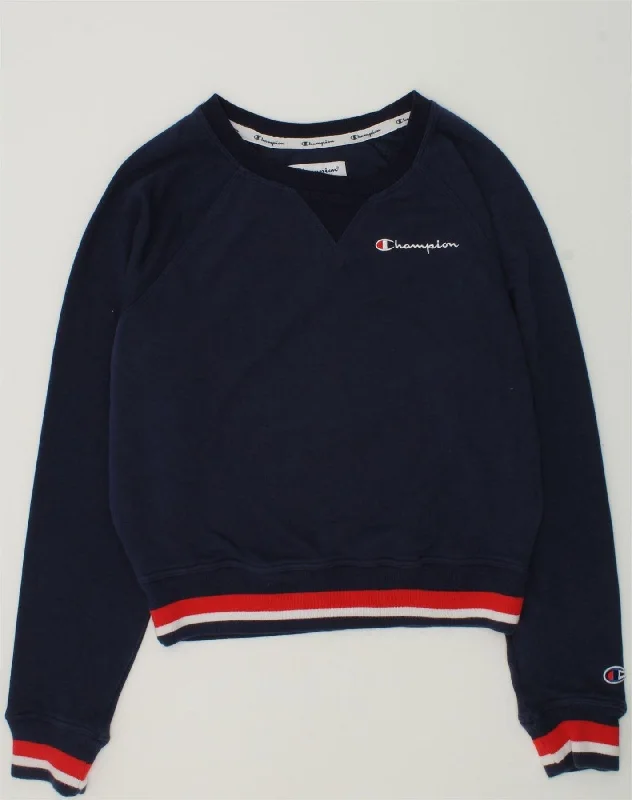 CHAMPION Womens Crop Sweatshirt Jumper UK 10 Small Navy Blue Cotton Hoodie with High-Low Hem Asymmetrical Trendy
