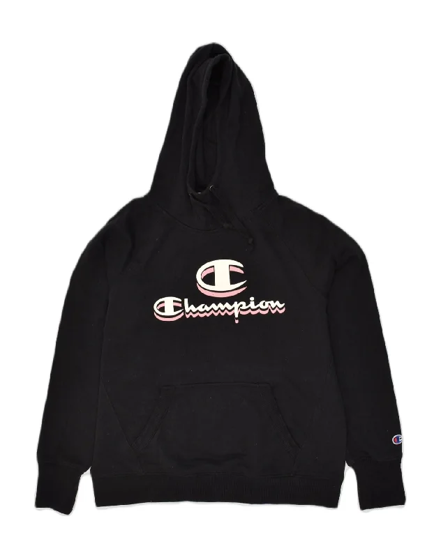 CHAMPION Womens Graphic Hoodie Jumper UK 10 Small Black Cotton Hoodie with Snap Buttons Easy Quick