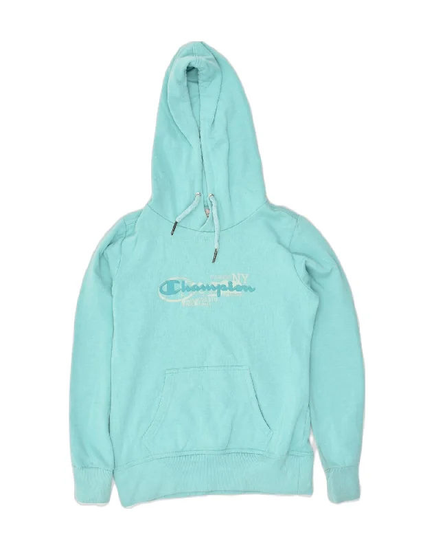 CHAMPION Womens Graphic Hoodie Jumper UK 10 Small Blue Cotton Hoodie with Monochrome Minimalist Simple