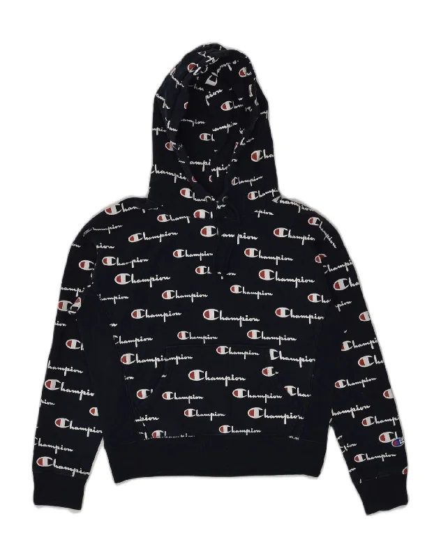 CHAMPION Womens Graphic Hoodie Jumper UK 14 Medium Navy Blue Hoodie Crop Top Short Trendy