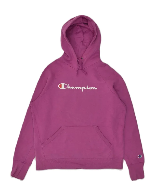 CHAMPION Womens Graphic Hoodie Jumper UK 14 Medium Purple Polyester Hoodie with Stripes Bold Sporty