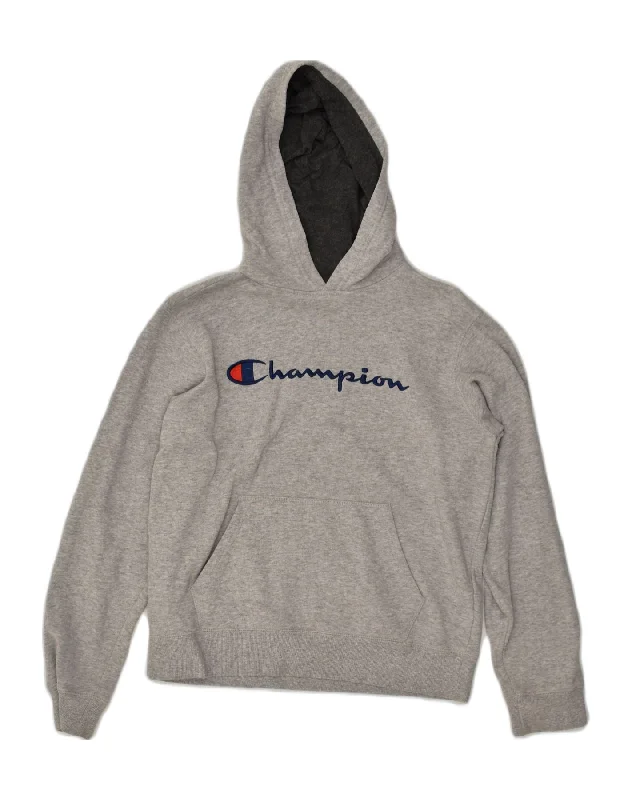 CHAMPION Womens Graphic Hoodie Jumper UK 18 XL Grey Cotton Hoodie with Button Placket Classic Preppy