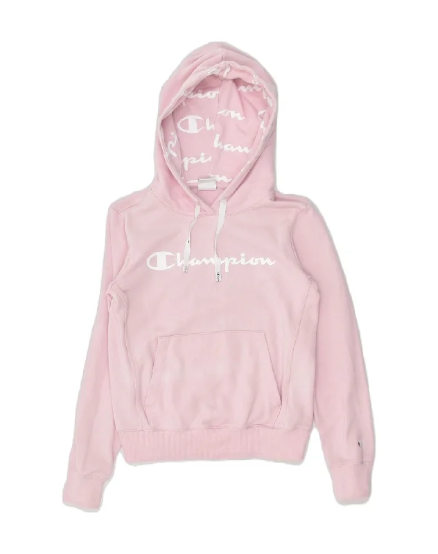 CHAMPION Womens Graphic Hoodie Jumper UK 6 XS Pink Cotton Hoodie with Hem Detail Decorative Unique