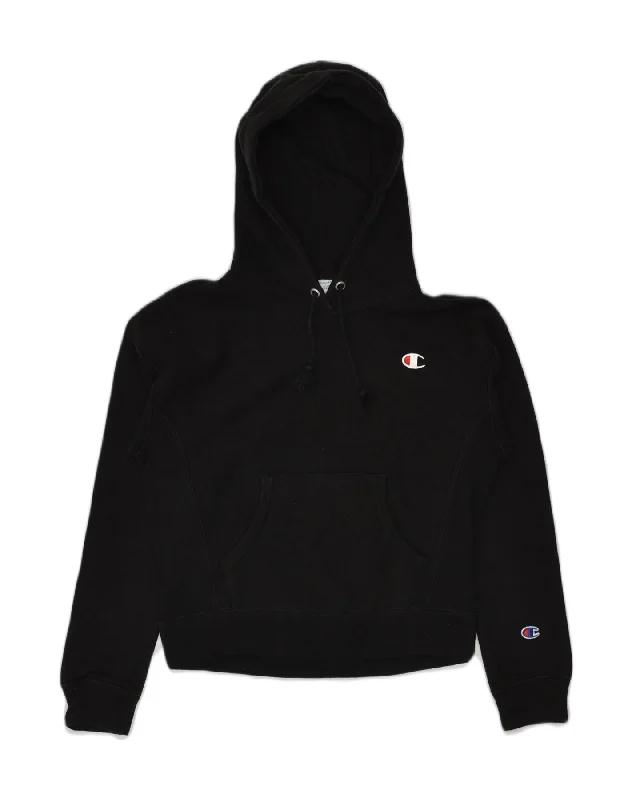 CHAMPION Womens Hoodie Jumper UK 6 XS Black Cotton Hoodie with Ribbed Cuffs Snug Fit Comfort