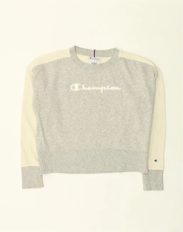 CHAMPION Womens Sweatshirt Jumper UK 10 Small Grey Colourblock Cotton Hoodie with Contrast Stitching Detailed Premium