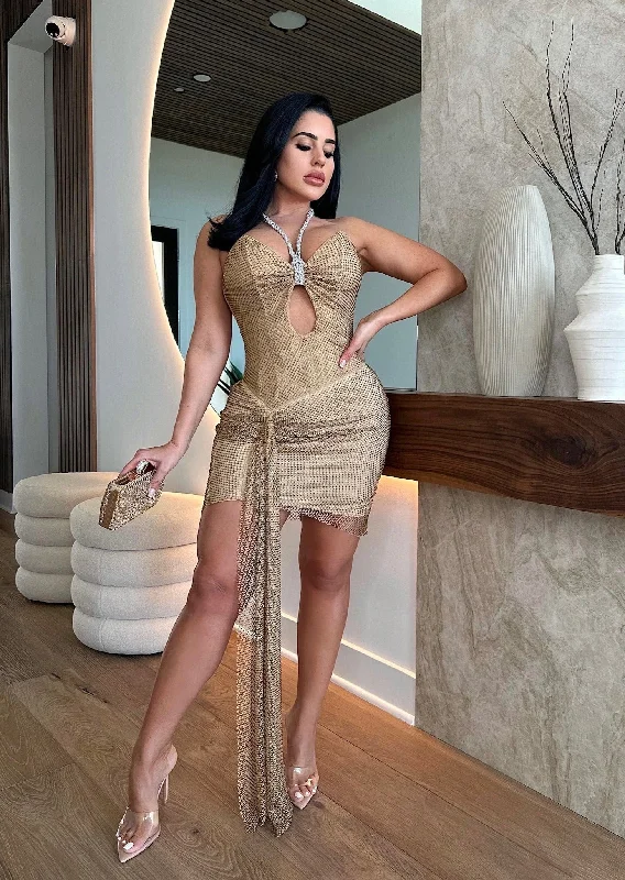 Cupids Kiss Rhinestones Ruched Mini Dress Nude Casual V-Neck Mini Dress