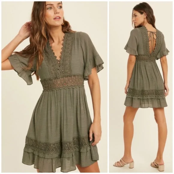 Dainty Olive Green Bohemian Crochet Lace Trim Ruffle Short Sleeve Mini Dress Comfortable Fit-and-Flare Mini Dress