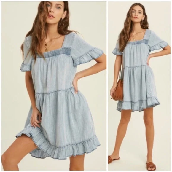 Denim Tencel Square Neck Short Sleeve Ruffle Trim Babydoll Casual Mini Dress Comfortable Boho Mini Dress