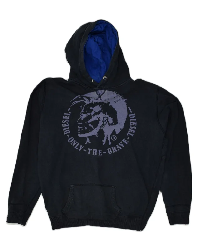DIESEL Womens Graphic Hoodie Jumper XL Navy Blue Cotton Hoodie with Hem Applique Textured Unique