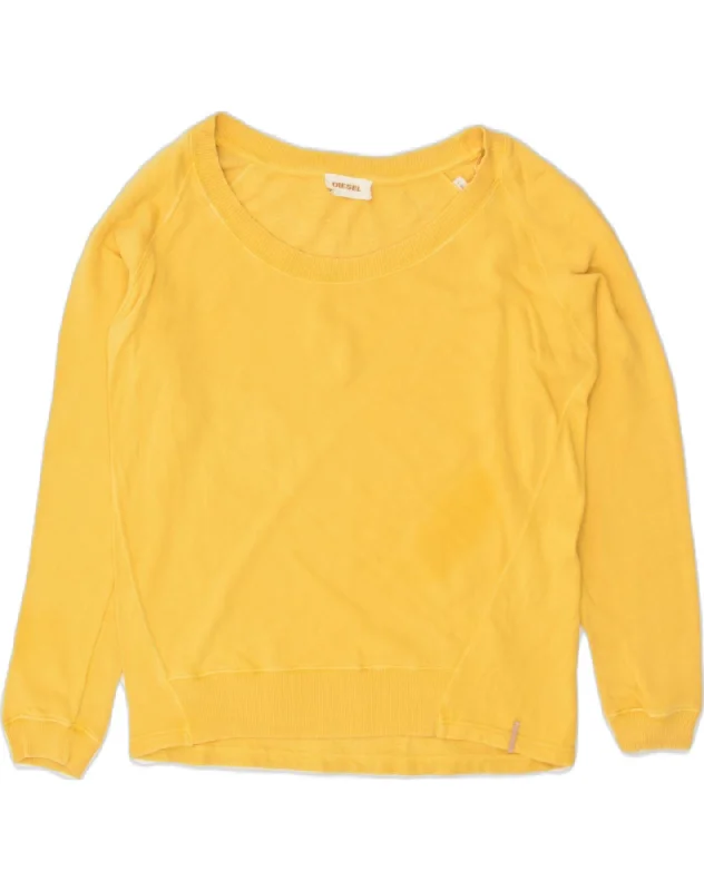 DIESEL Womens Oversized Sweatshirt Jumper UK 10 Small Yellow Cotton Hoodie with Ribbed Neckline Snug Warm