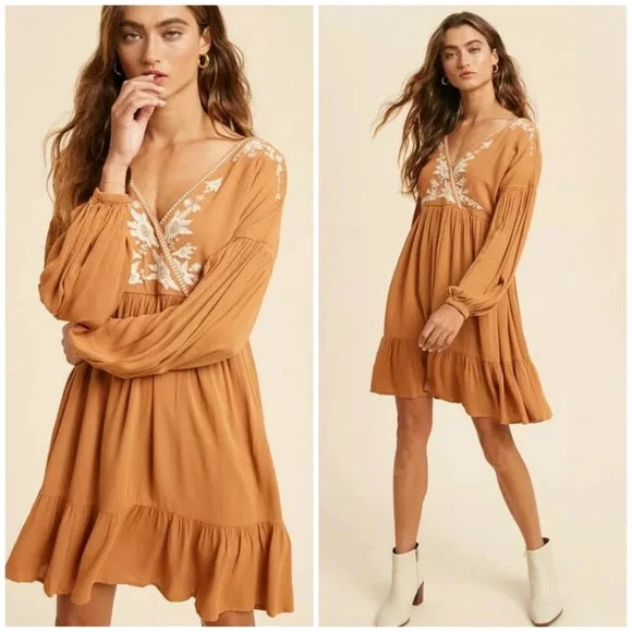Earthen Boho Surplice Wrap Floral Embroidered Long Sleeve Ruffed Hem Mini Dress Fashionable Party Mini Dress