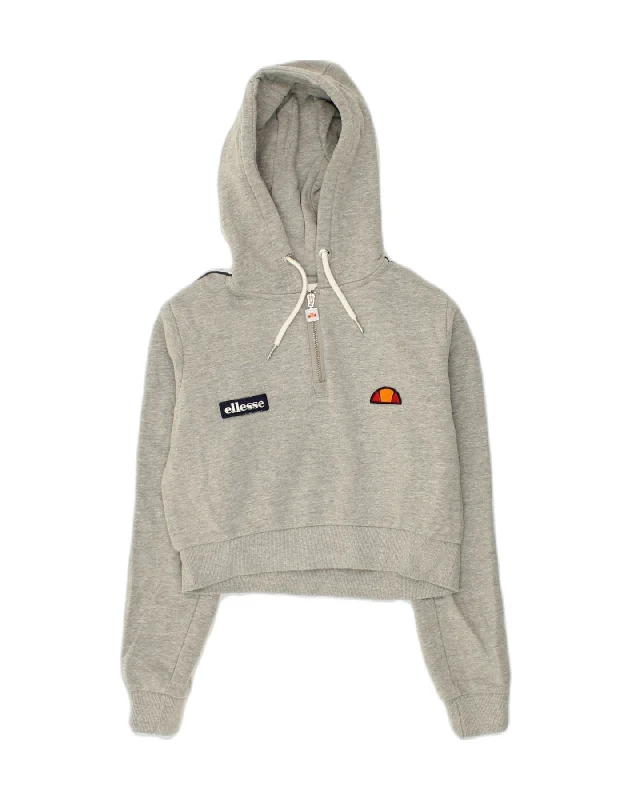 ELLESSE Womens Crop Hoodie Jumper UK 8 Small Grey Cotton Hoodie with Mock Neck Collared Structured