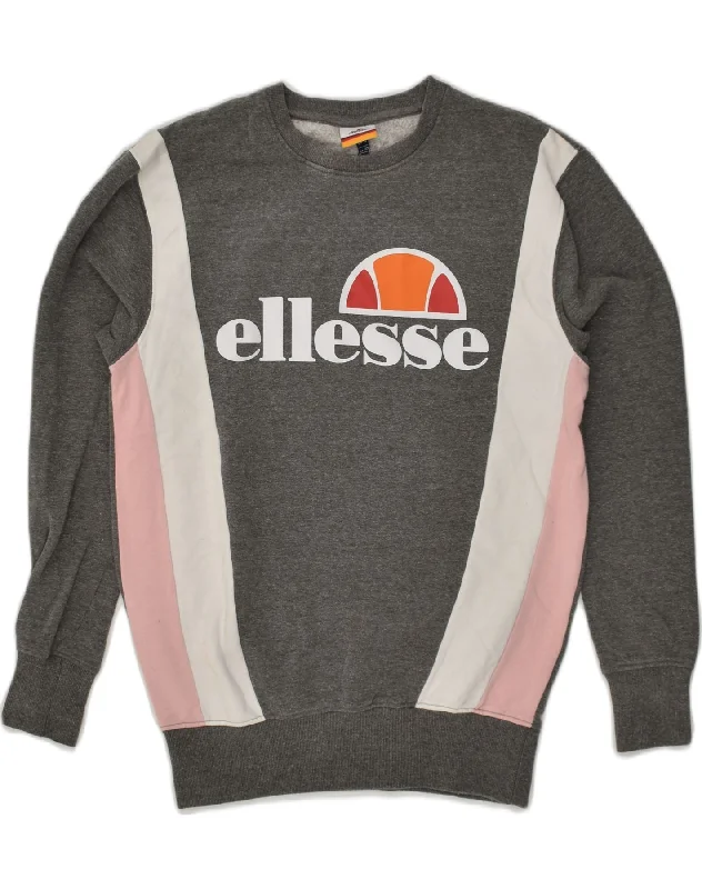 ELLESSE Womens Graphic Sweatshirt Jumper UK 10 Small Grey Colourblock Hoodie with Embroidery Detailed Premium