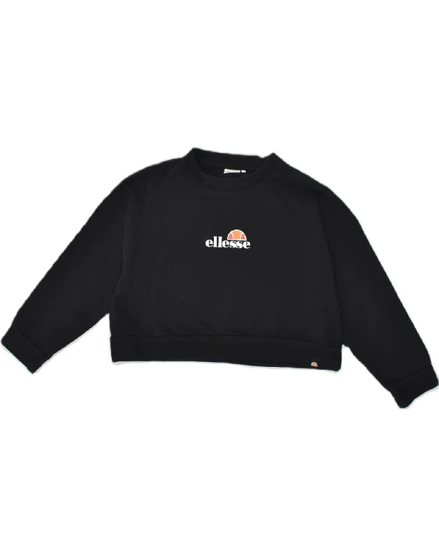 ELLESSE Womens Oversized Graphic Sweatshirt Jumper UK 6 XS Black Cotton Hoodie with Tied Waist Feminine Flattering