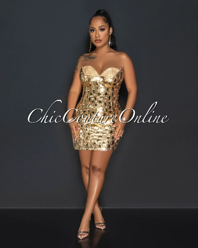 Esvett Gold Sequins Rhinestones Bust Mini Dress Cozy Sweater Mini Dress