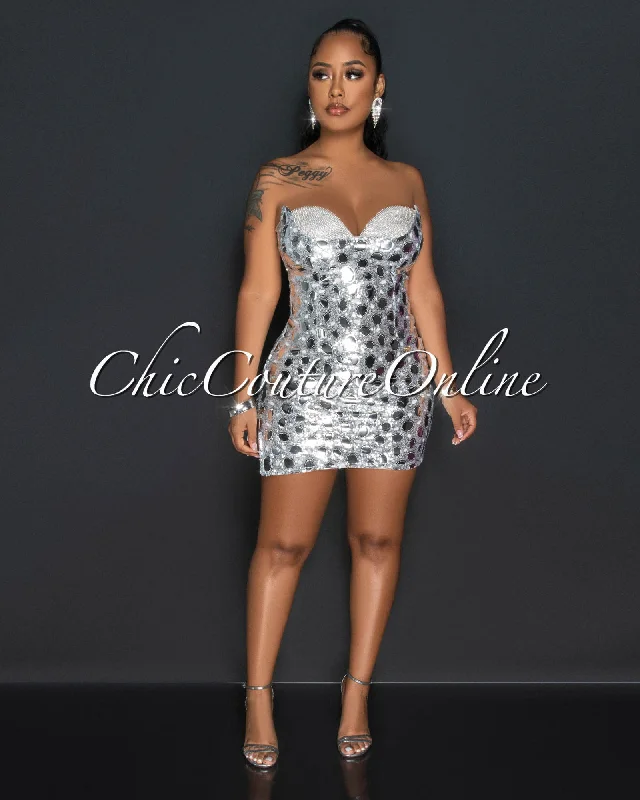 Esvett Silver Sequins Rhinestones Bust Mini Dress Elegant Satin Mini Dress