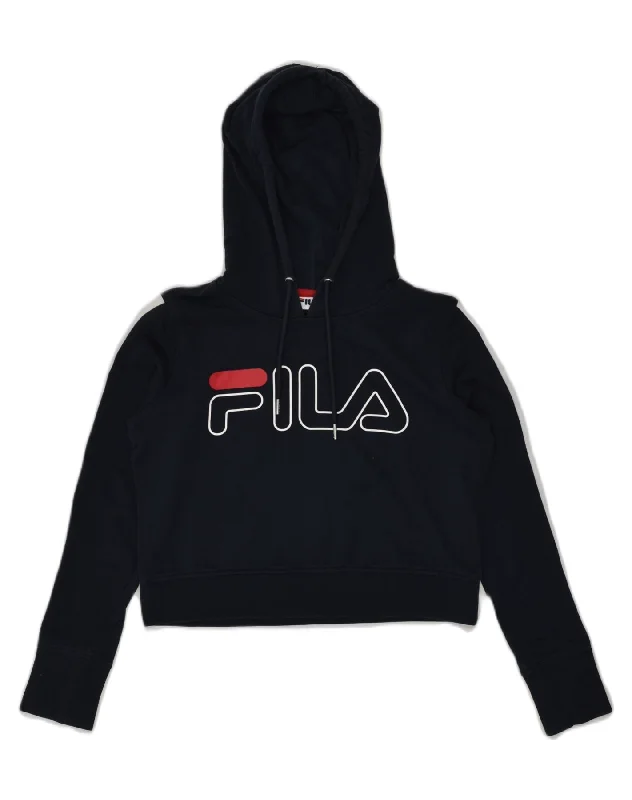 FILA Womens Crop Graphic Hoodie Jumper UK 6 XS Navy Blue Cotton Hoodie with Strings Custom Fit Adjustable