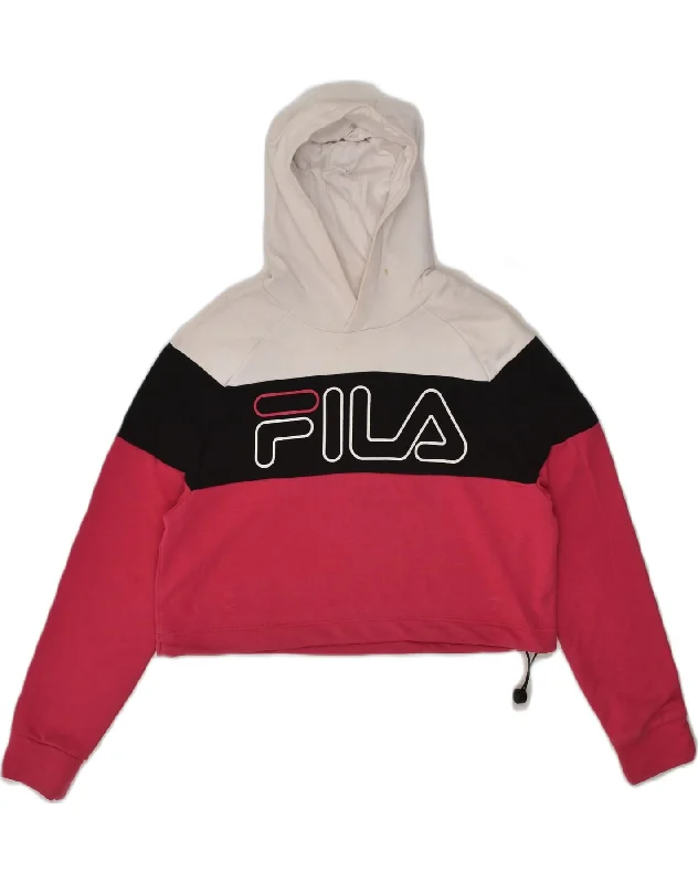 FILA Womens Crop Graphic Hoodie Jumper UK 6 XS White Colourblock Cotton Hoodie with Pocket Utility Practical