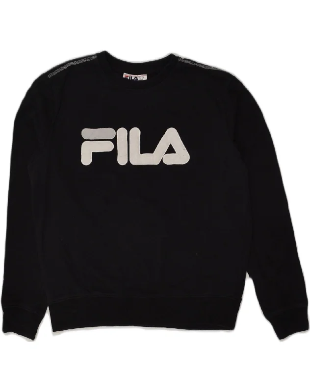 FILA Womens Graphic Sweatshirt Jumper UK 14 Medium Black Hoodie with Hem Contrast Bold Stylish