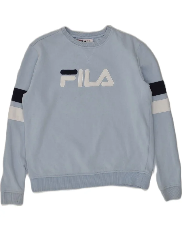 FILA Womens Graphic Sweatshirt Jumper UK 14 Medium Blue Cotton Hoodie with Rhinestones Sparkly Elegant