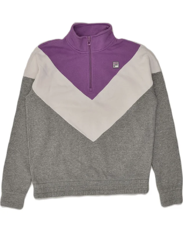 FILA Womens Zip Neck Sweatshirt Jumper UK 14 Medium Grey Colourblock Hoodie with Illustration Artistic Creative