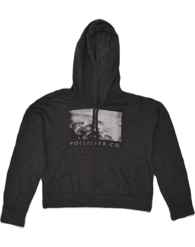 HOLLISTER Womens Graphic Hoodie Jumper UK 10 Small Grey Cotton Hoodie with Hem Drawcord Adjustable Customizable