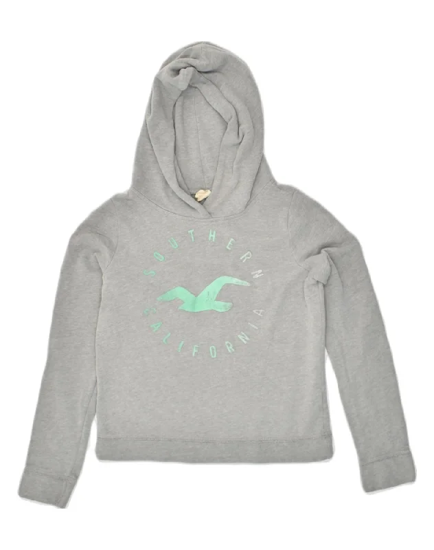 HOLLISTER Womens Graphic Hoodie Jumper UK 10 Small Grey Cotton Hoodie with Bell Sleeves Flared Feminine