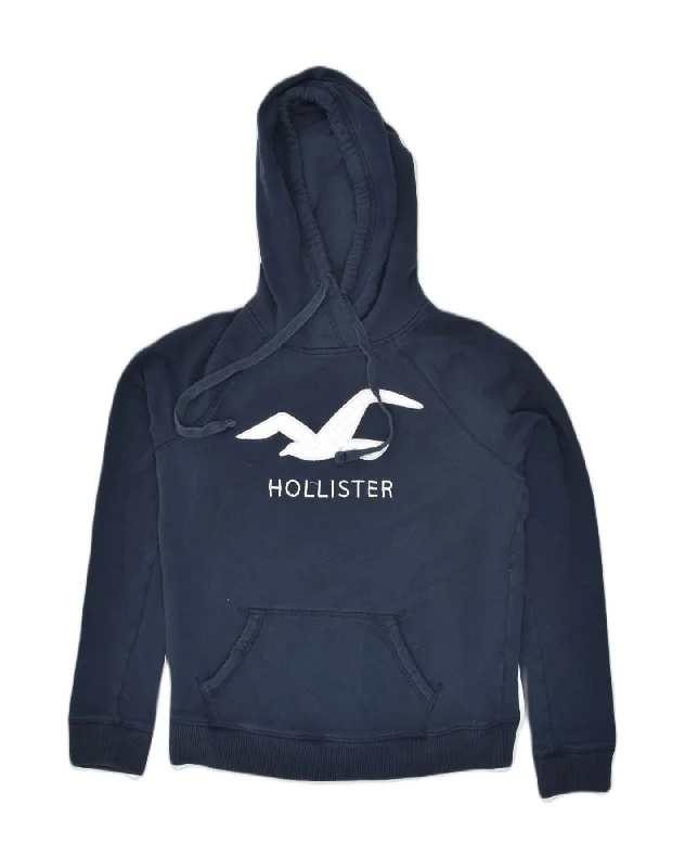 HOLLISTER Womens Graphic Hoodie Jumper UK 10 Small Navy Blue Cotton Hoodie with Cuffed Sleeves Snug Secure