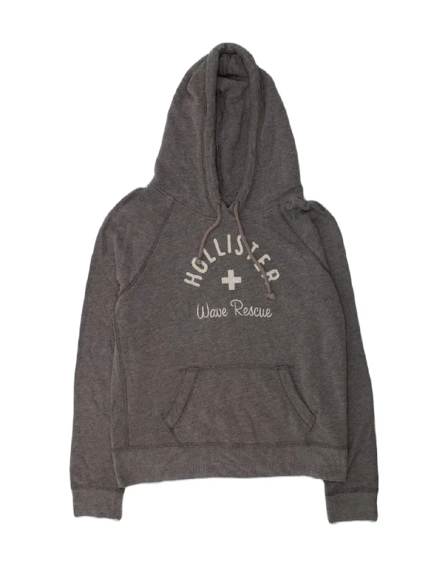 HOLLISTER Womens Graphic Hoodie Jumper UK 16 Large Grey Cotton Hoodie with Drawstring Waist Adjustable Fitted