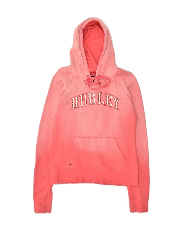 HURLEY Womens Graphic Hoodie Jumper UK 14 Medium Pink Tie Dye Cotton Hoodie with Mock Neck Collared Structured
