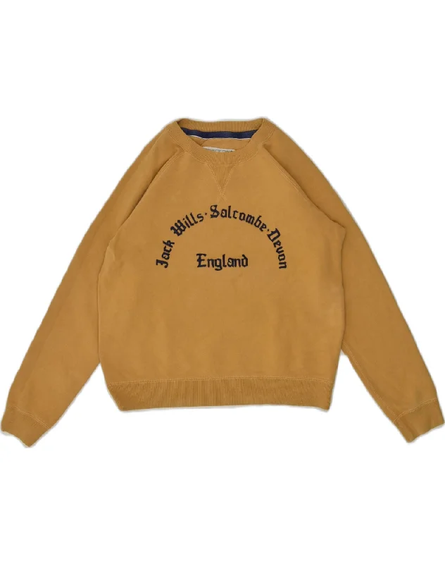 JACK WILLS Womens Crop Graphic Sweatshirt Jumper UK 10 Small  Yellow Hoodie with Hem Fringe Bohemian Relaxed