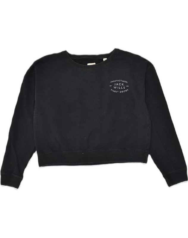 JACK WILLS Womens Crop Sweatshirt Jumper UK 12 Medium  Black Cotton Zip Hoodie Drawstring Kangaroo Pocket
